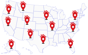 An image of the US federal map showing state borders and red house icons pinned on major cities across the United States.